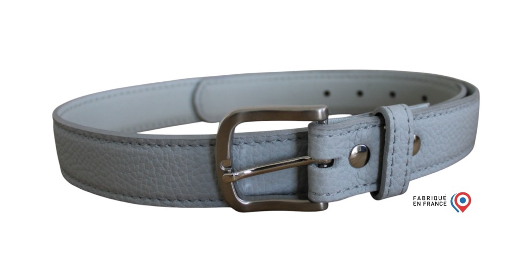 Ceinture artisanale en cuir grainé gris clair