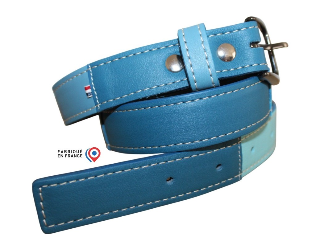 Ceinture créateur en cuir bleu patchwork