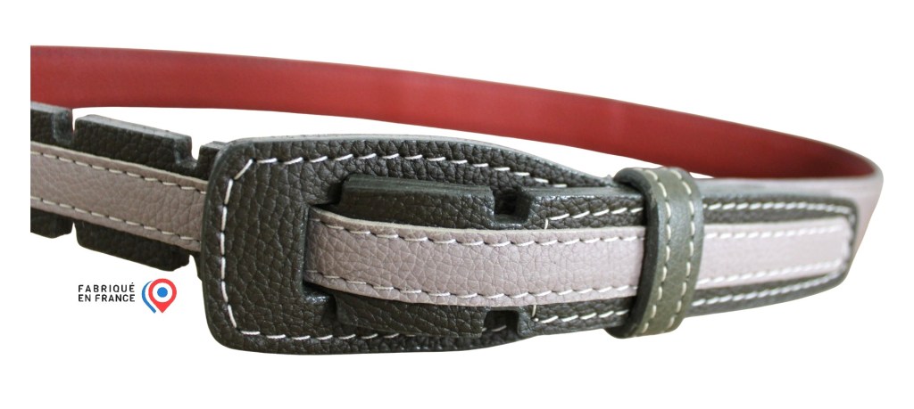 Ceinture design boucle en cuir kaki et beige