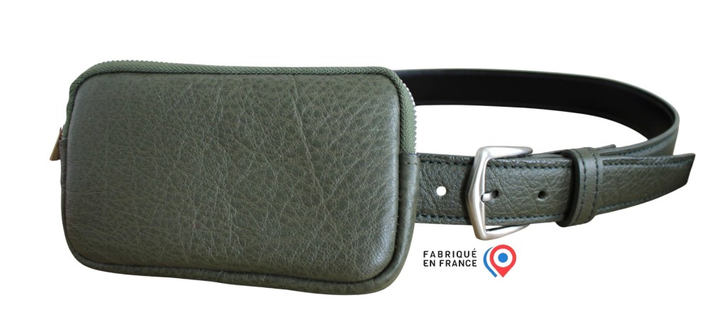 Pochette cuir kaki avec option porter ceinture