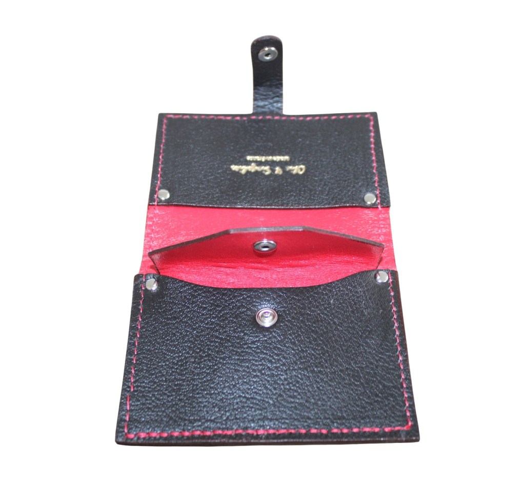 Portefeuille compact en cuir noir intérieur cuir rouge